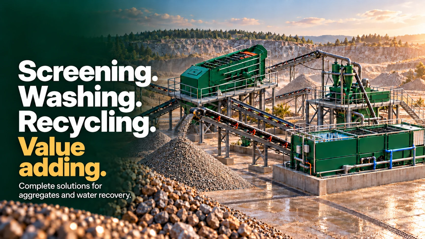 Screening. Washing. Recycling. Value adding. Complete solutions for aggregates and water recovery.